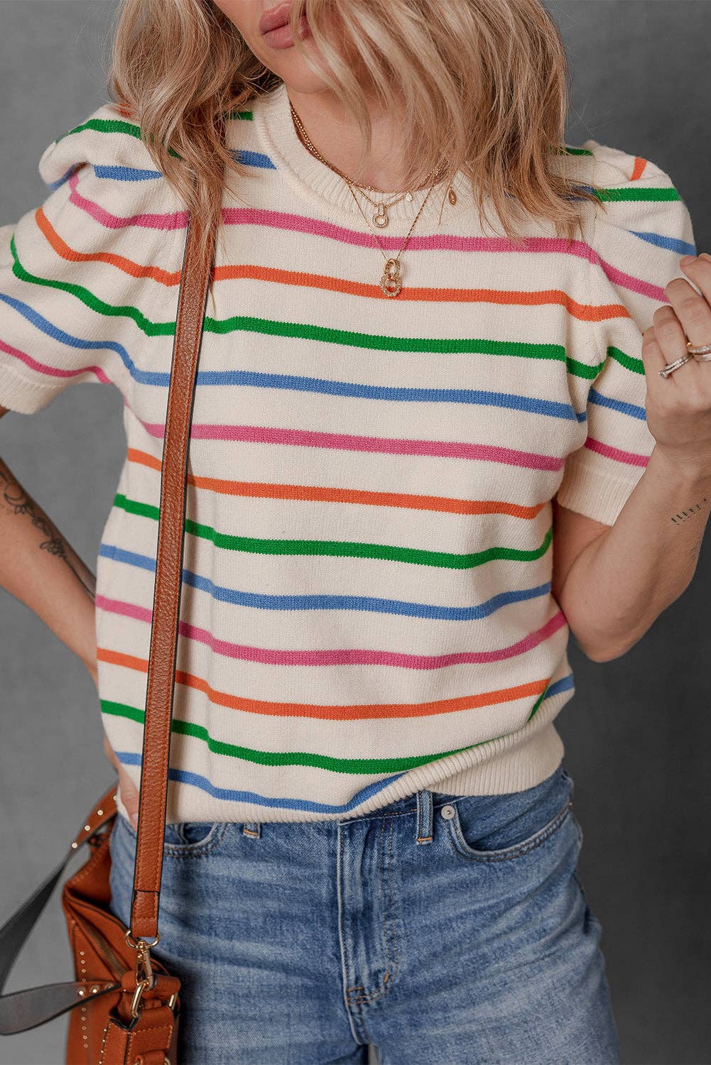Rainbow Colorblock Bubble Sleeve Round Neck Sweater