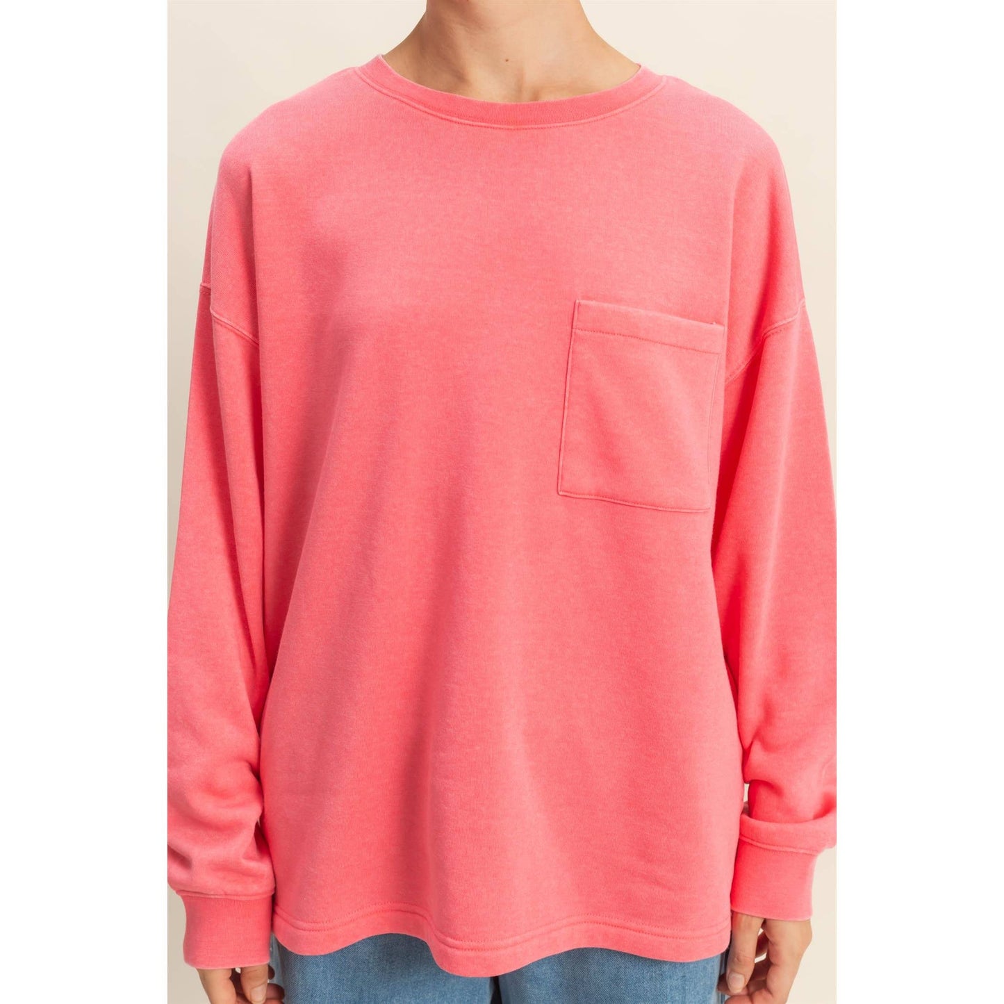 Basic Crew Neck Single Pocket Pullover Sweatshirt