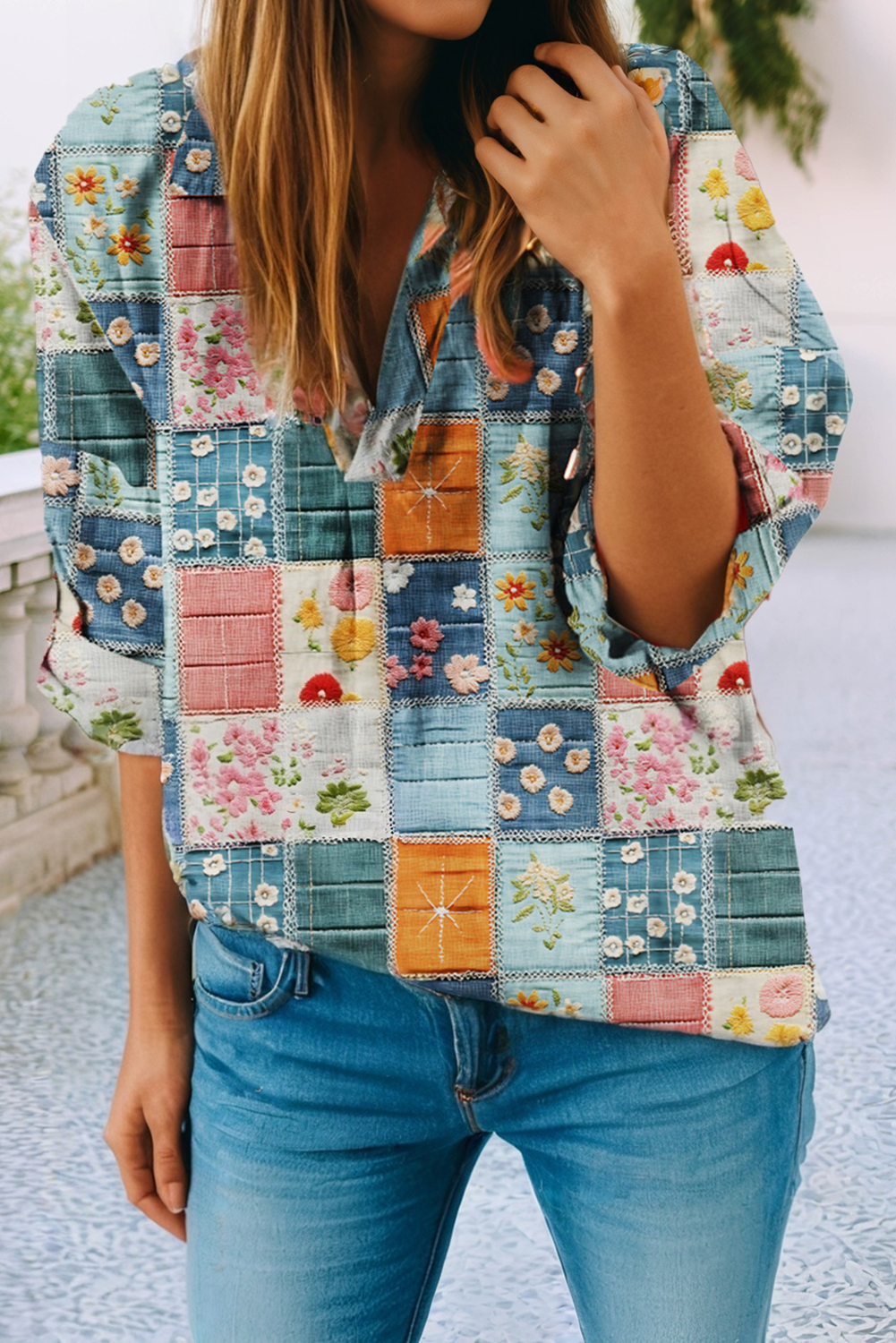 Floral Collared V Neck Roll up Sleeve Shift Blouse