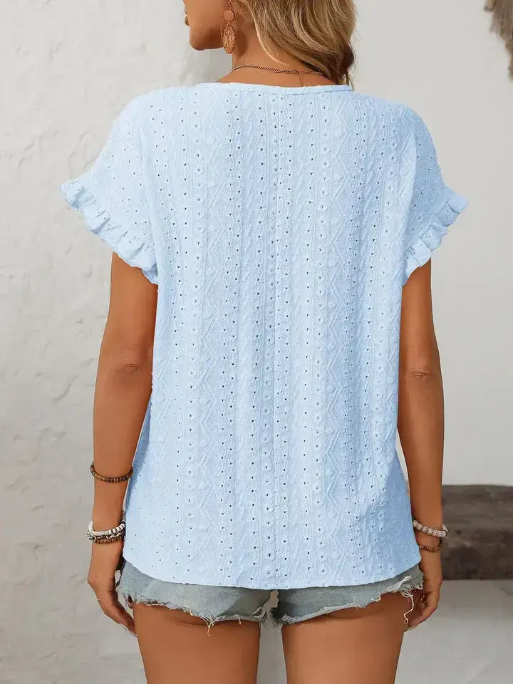 Hollow-Out Crewneck Short Sleeve Solid Color Top