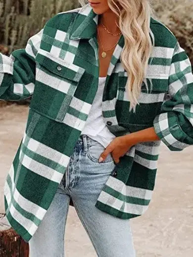 Navy Blue Plaid Button Flannel Shirt Jacket