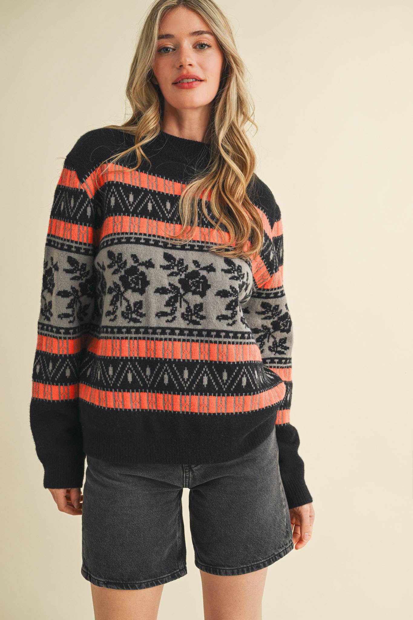 FLORAL KNIT ROUND NECK SWEATER MSW10960
