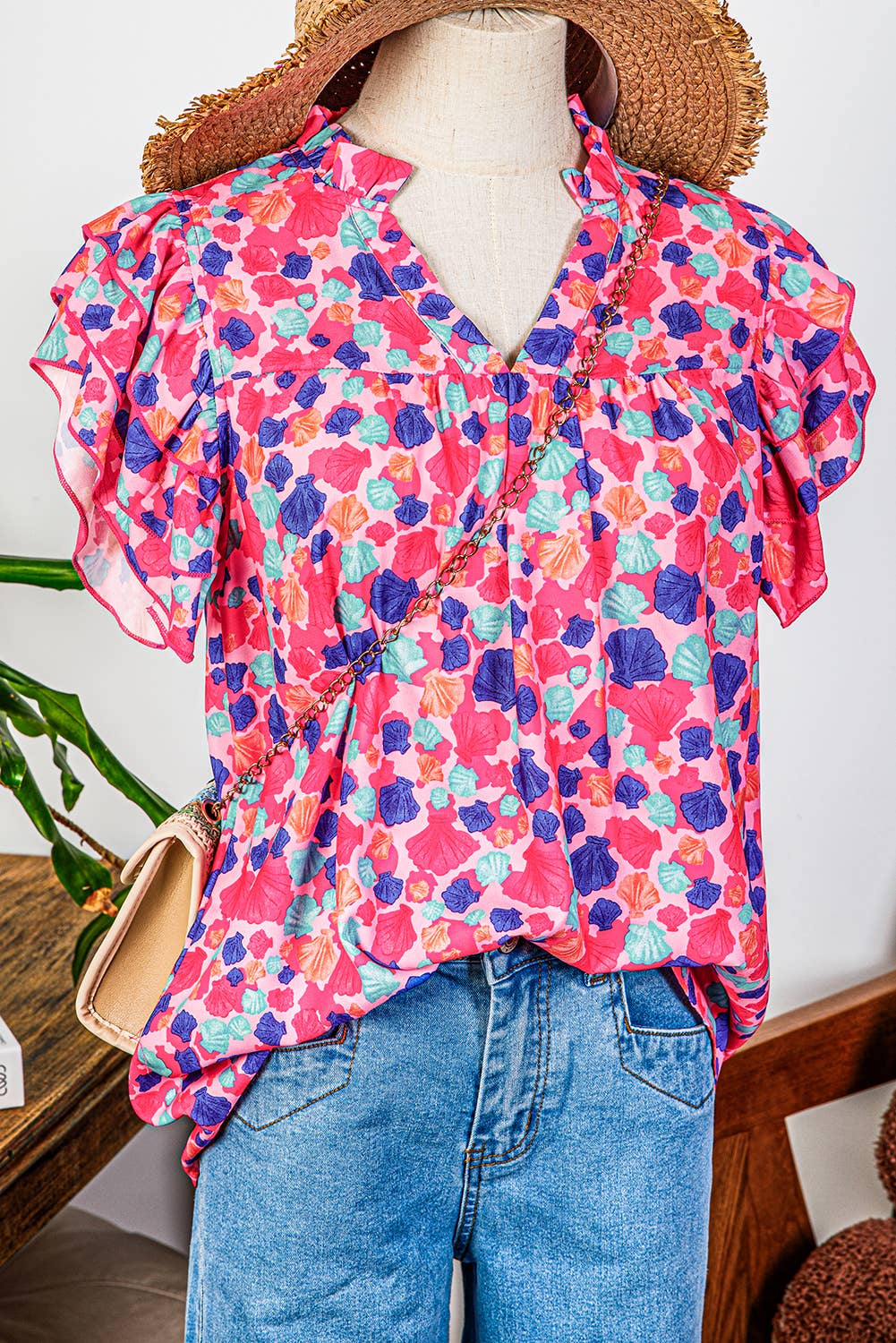 Fashion-W Abstract Print Ruffled Sleeve V Neck Blouse