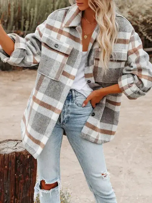 Navy Blue Plaid Button Flannel Shirt Jacket
