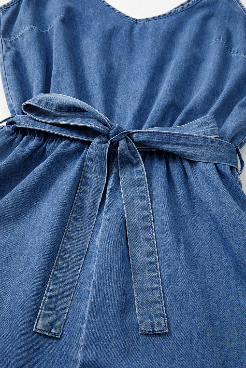 LDC Spaghetti Straps Belted Ruffled Leg Chambray Romper