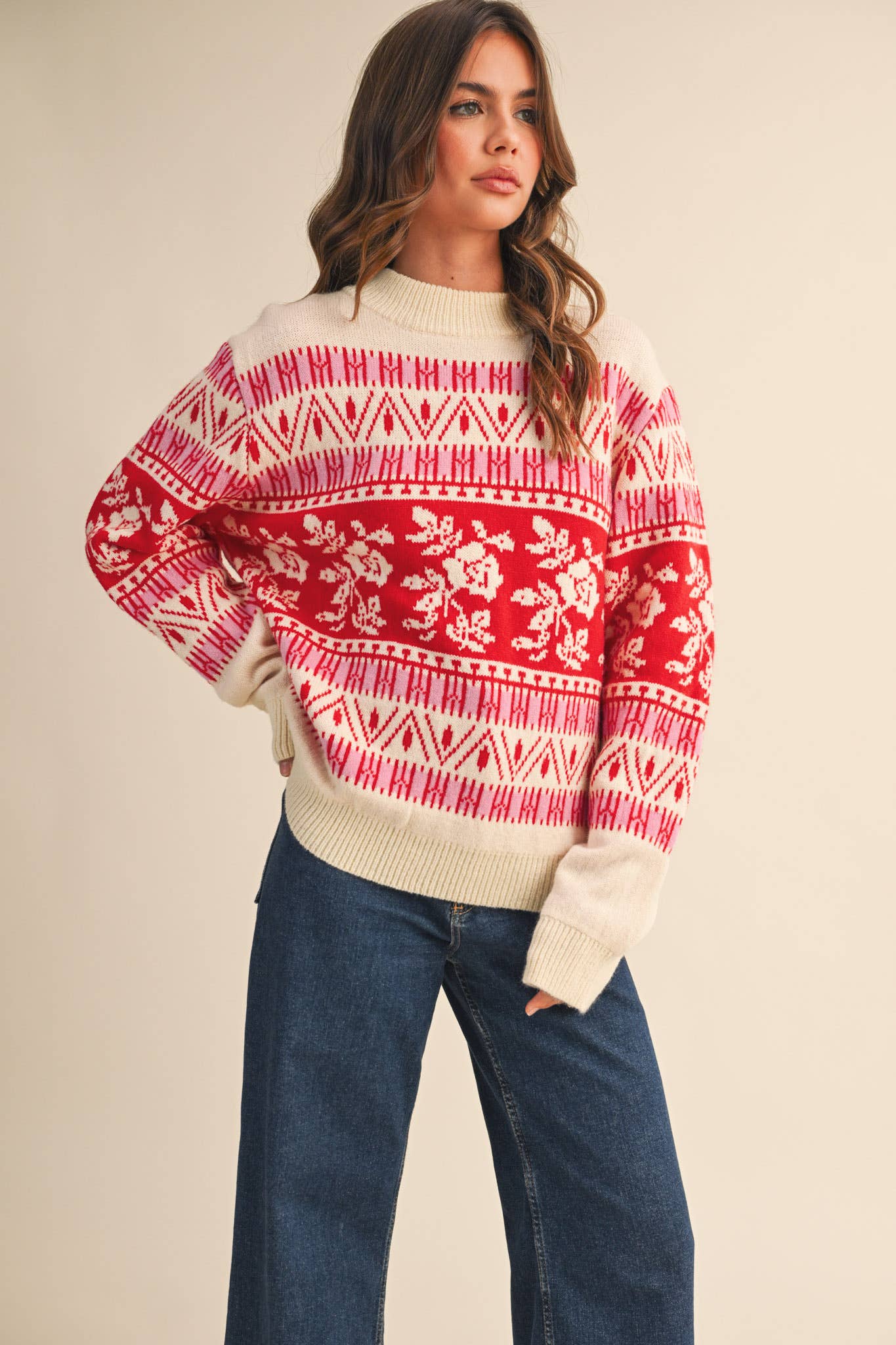FLORAL KNIT ROUND NECK SWEATER MSW10960