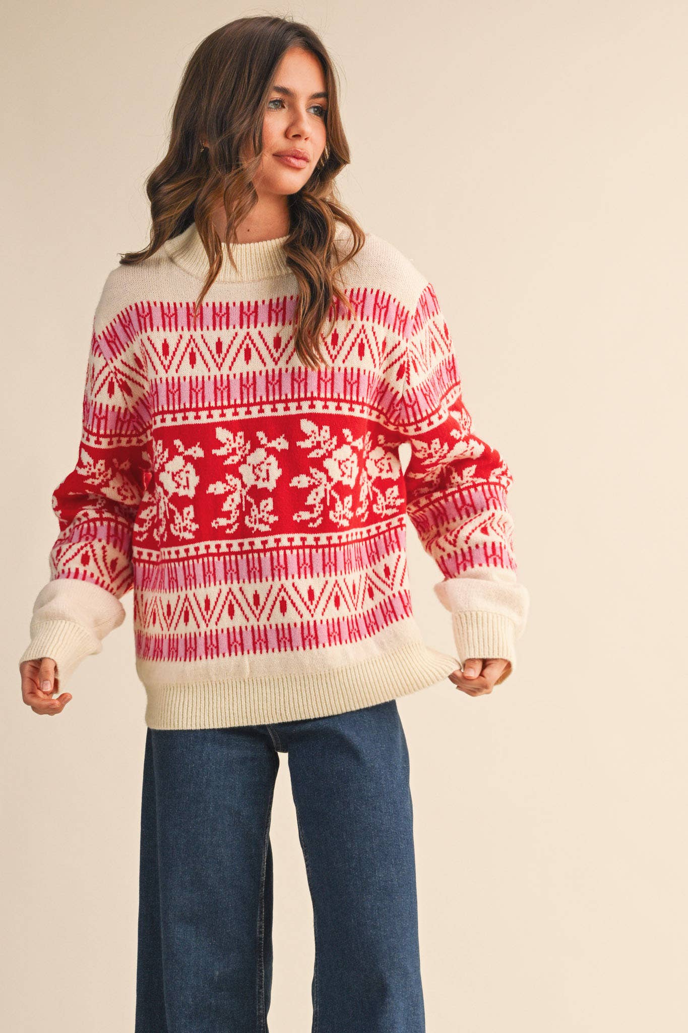 FLORAL KNIT ROUND NECK SWEATER MSW10960