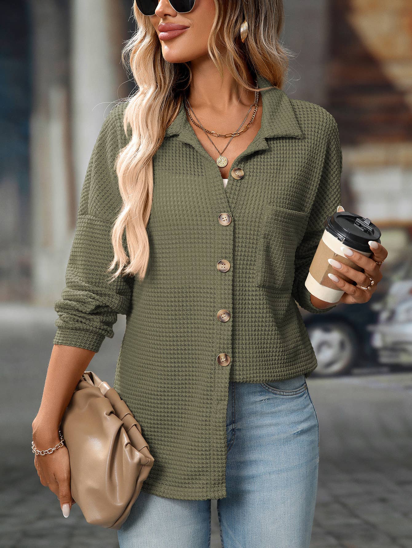 Waffle Knit Button-Up Shirt – Casual Fall Cardigan