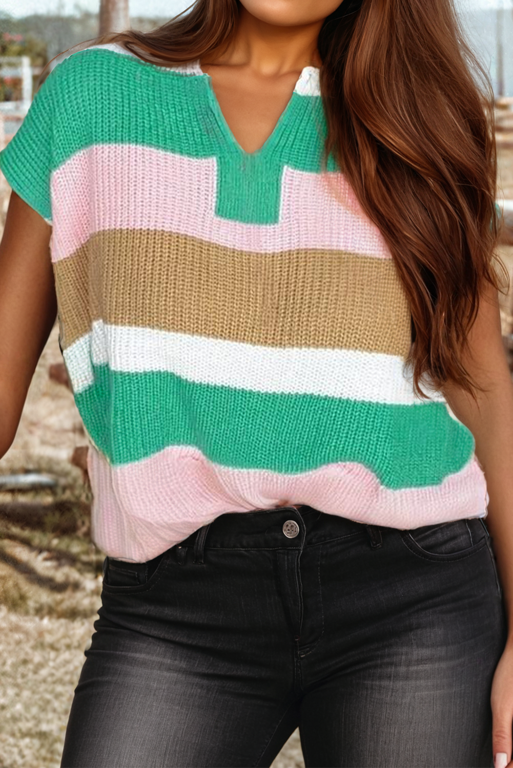 Fashion-W Color Block Notch V Neck Sweater T Shirt*S-4X