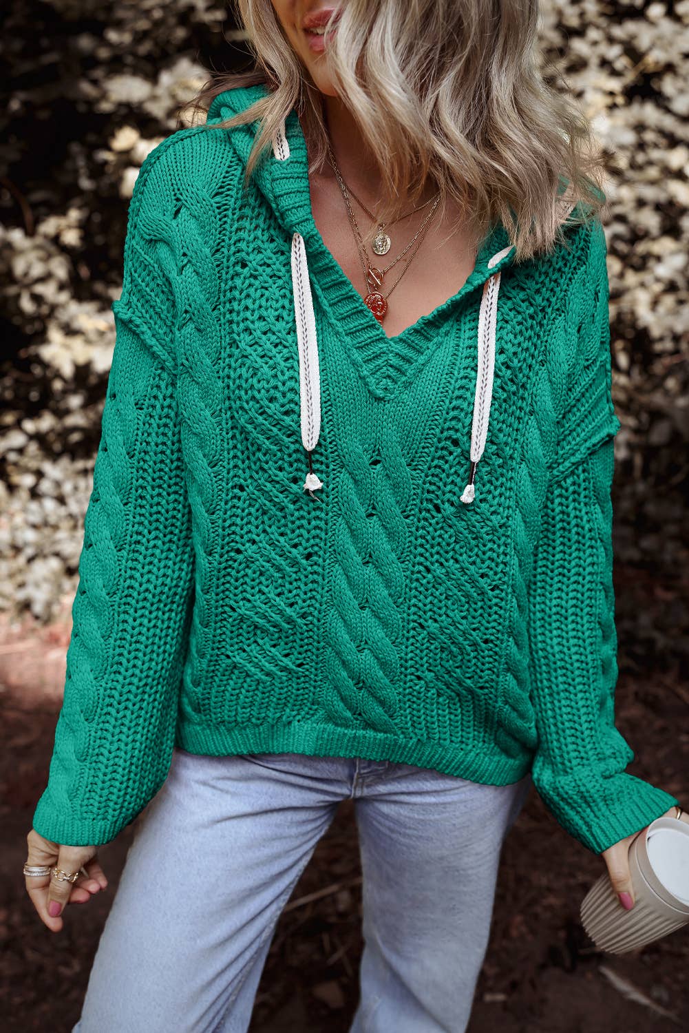 Cable Knit V Neck Hooded Pullover Sweater for Women