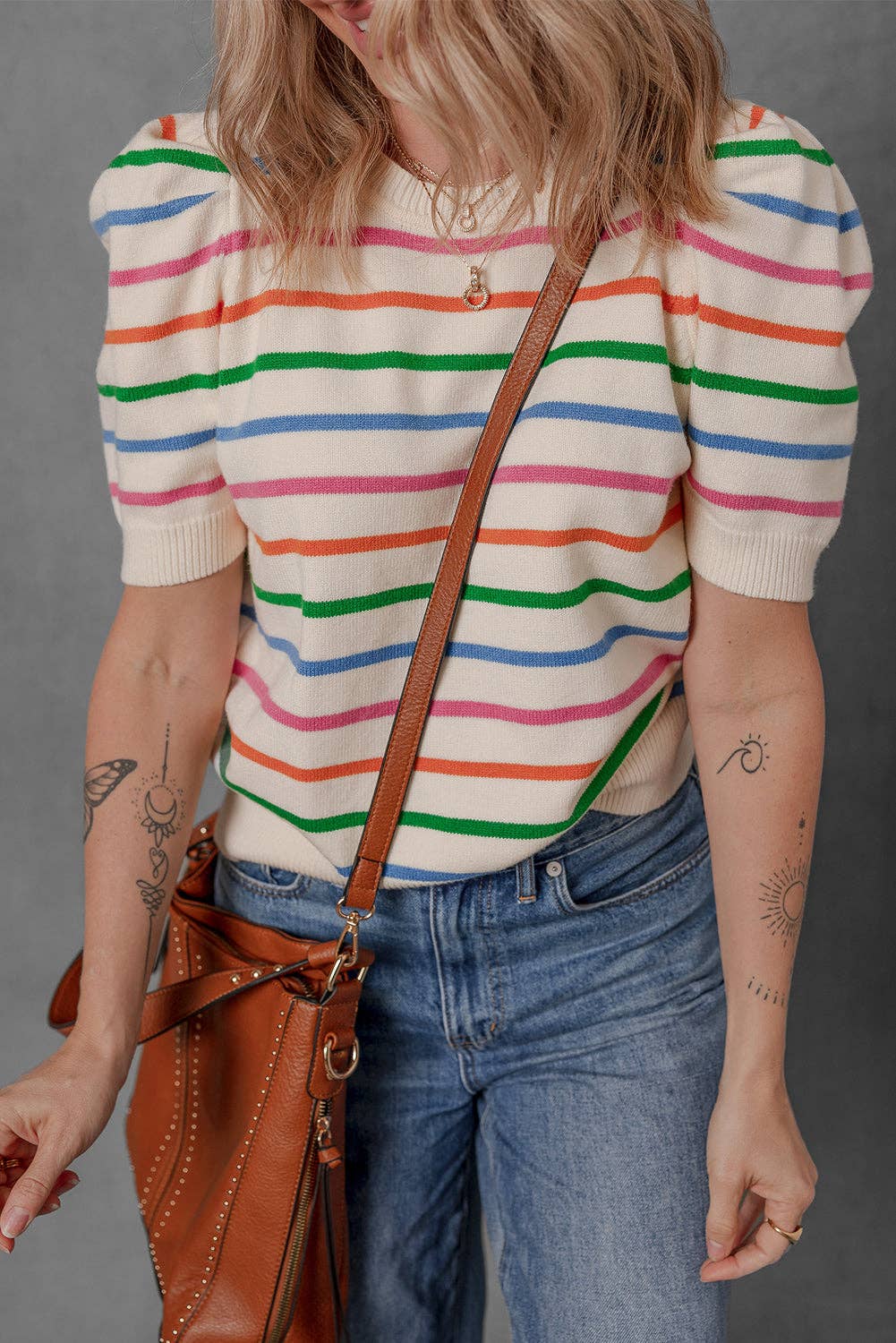 Rainbow Colorblock Bubble Sleeve Round Neck Sweater