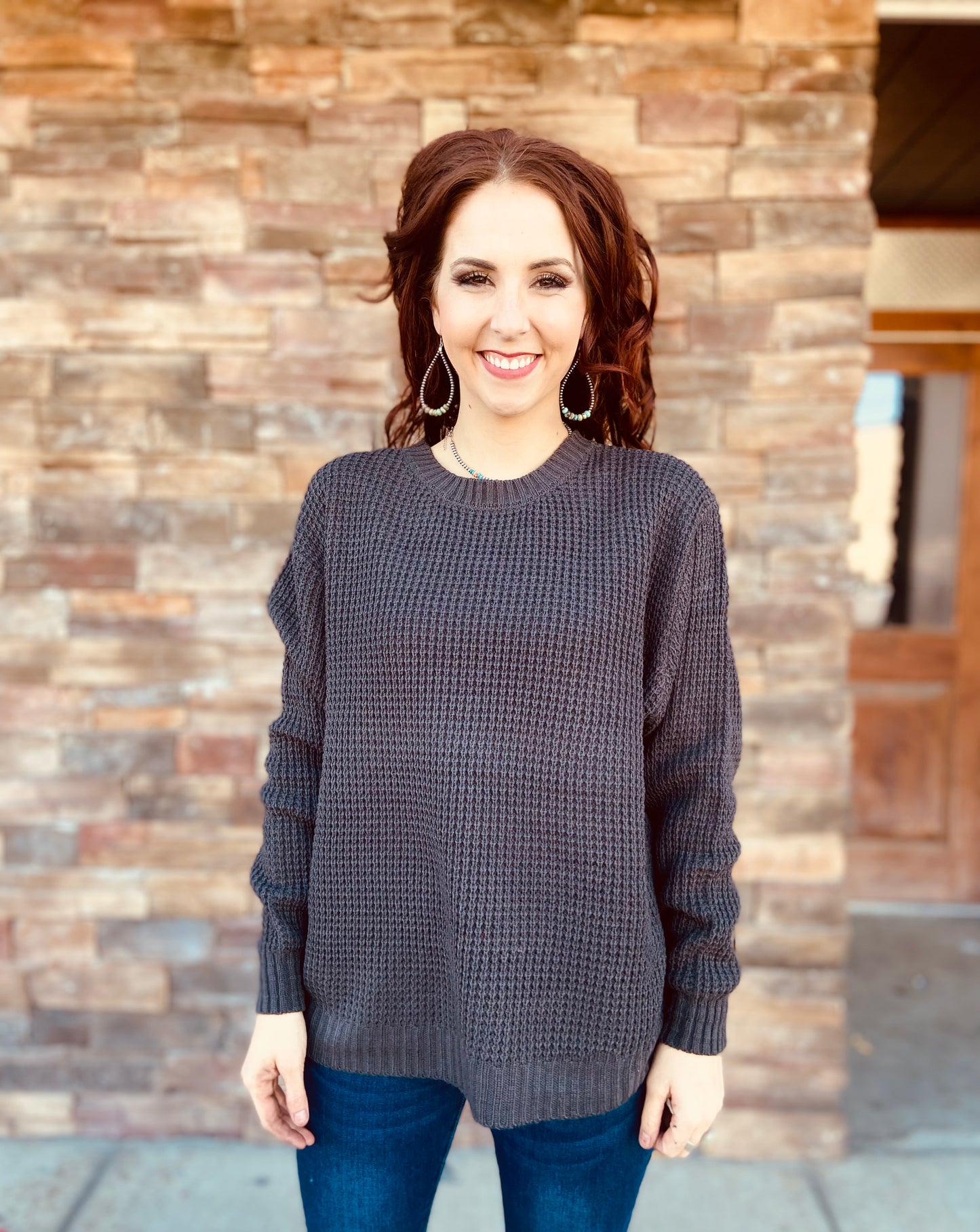 Hi- Low Long Sleeve Round Neck Waffle Sweater curvy