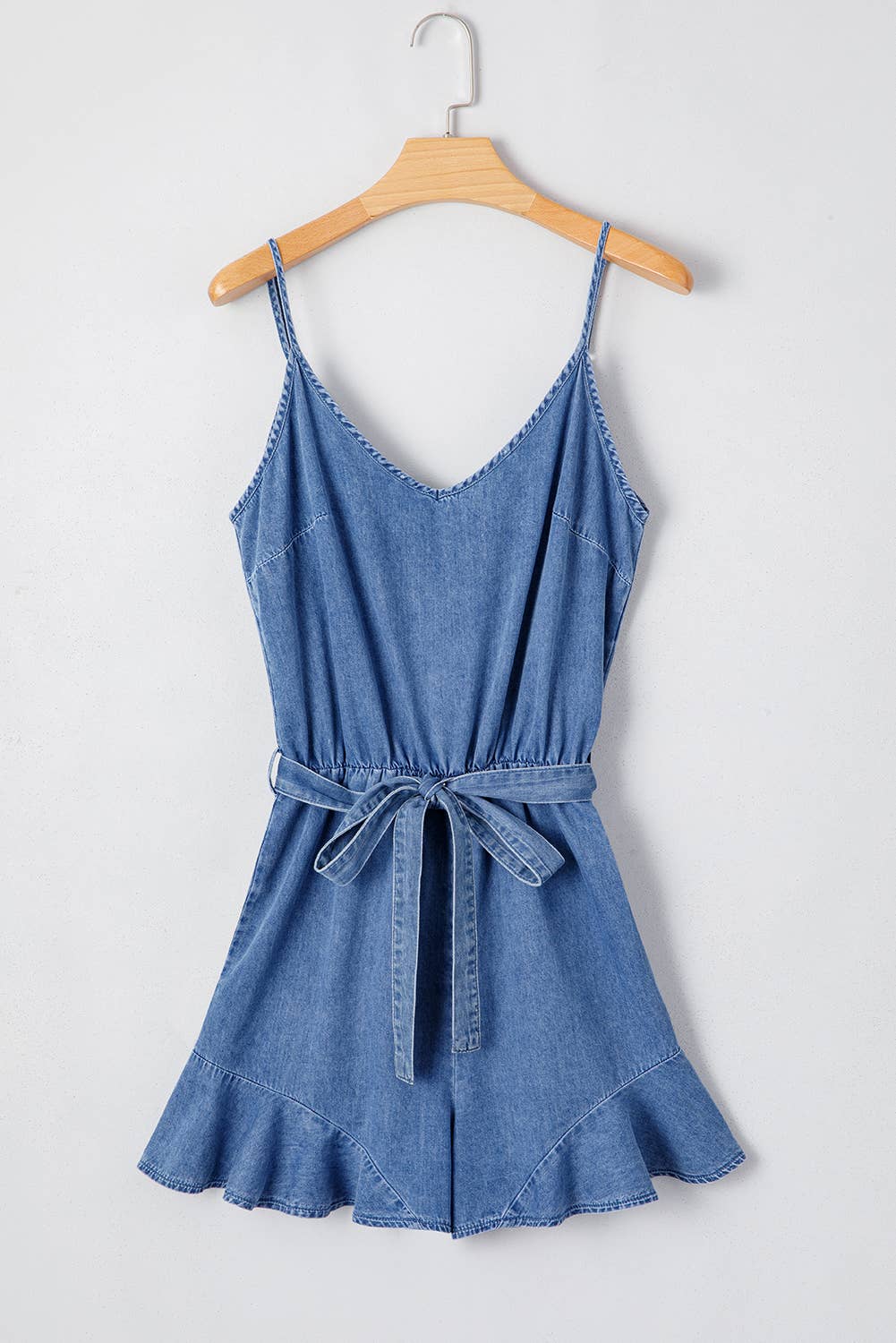 LDC Spaghetti Straps Belted Ruffled Leg Chambray Romper