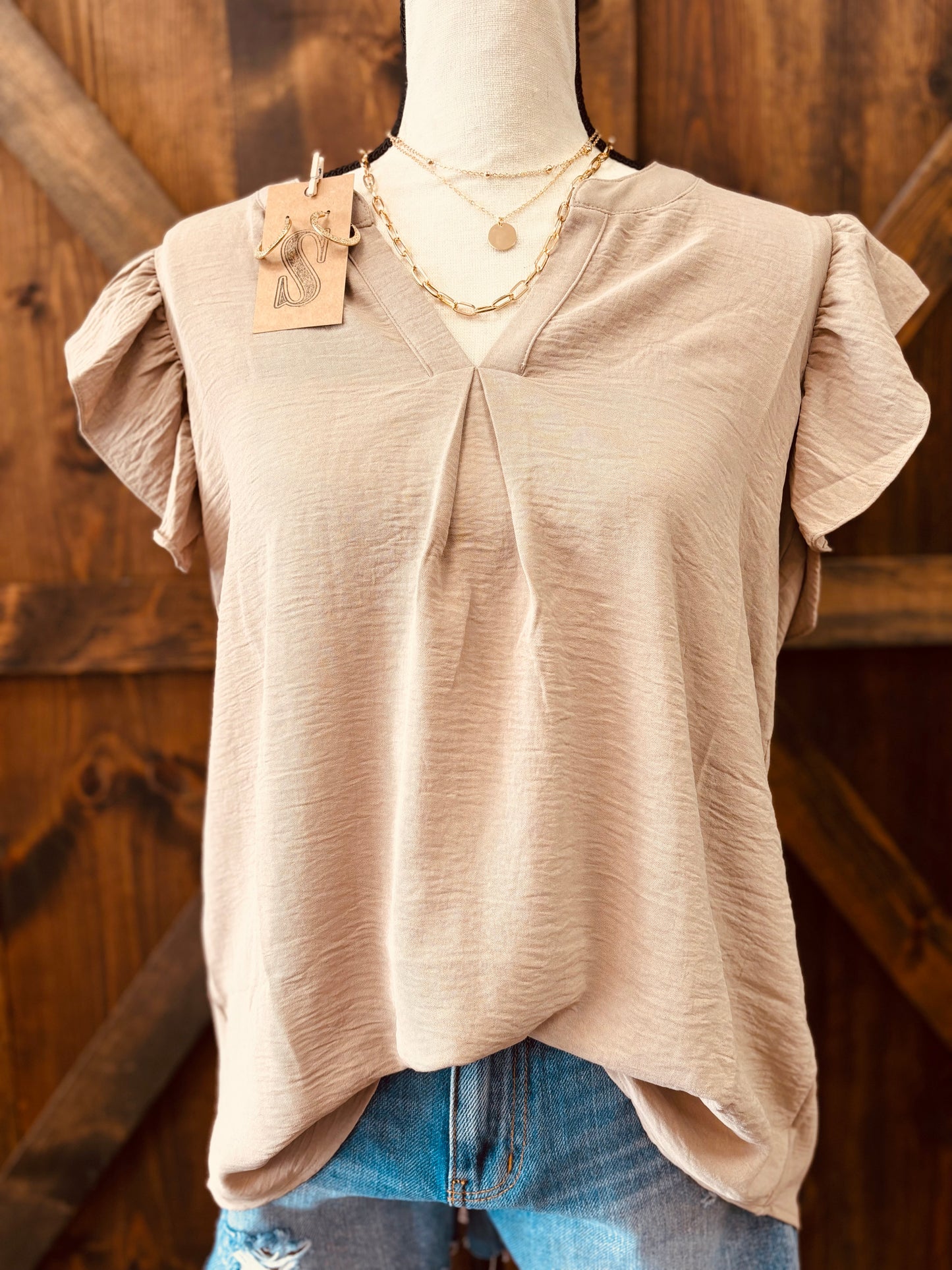 Woven AirFlow Ruffled Sleeve High-Low Top