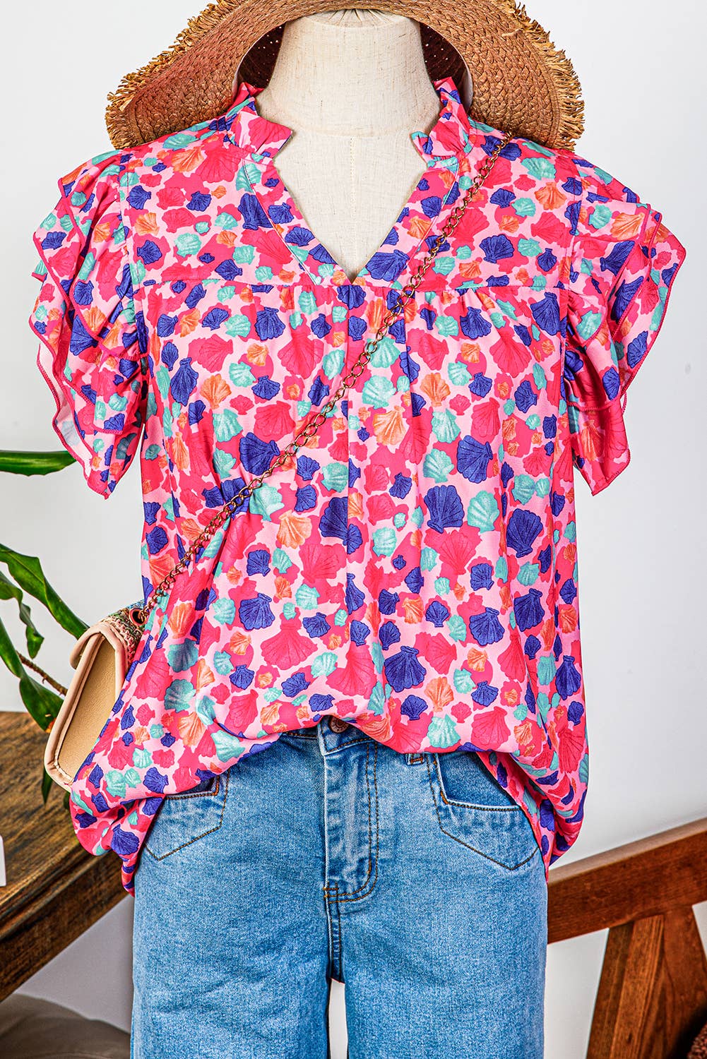 Fashion-W Abstract Print Ruffled Sleeve V Neck Blouse