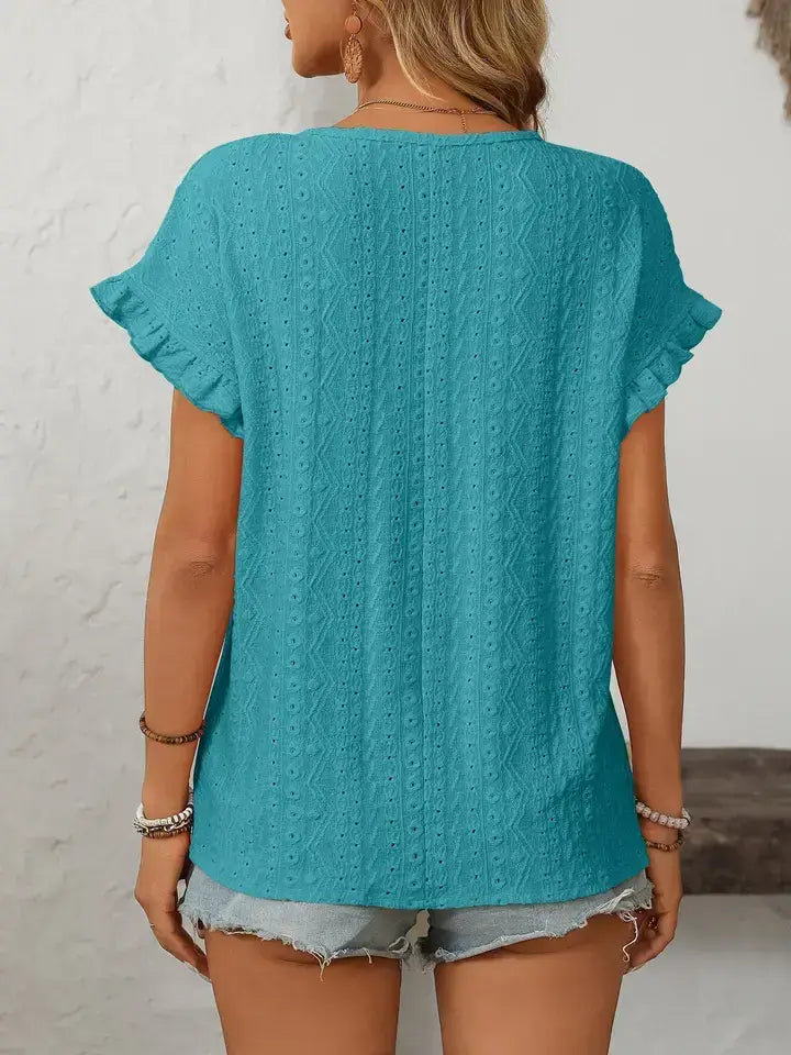 Hollow-Out Crewneck Short Sleeve Solid Color Top