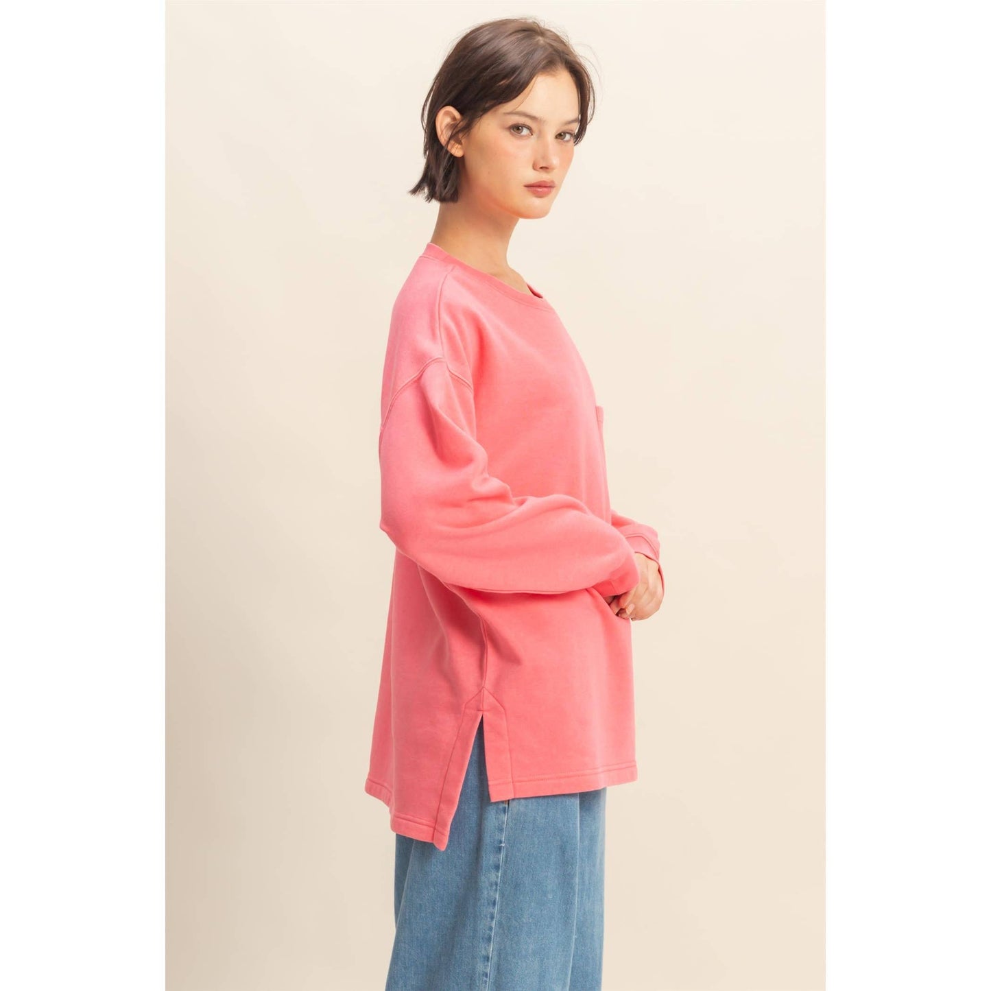 Basic Crew Neck Single Pocket Pullover Sweatshirt