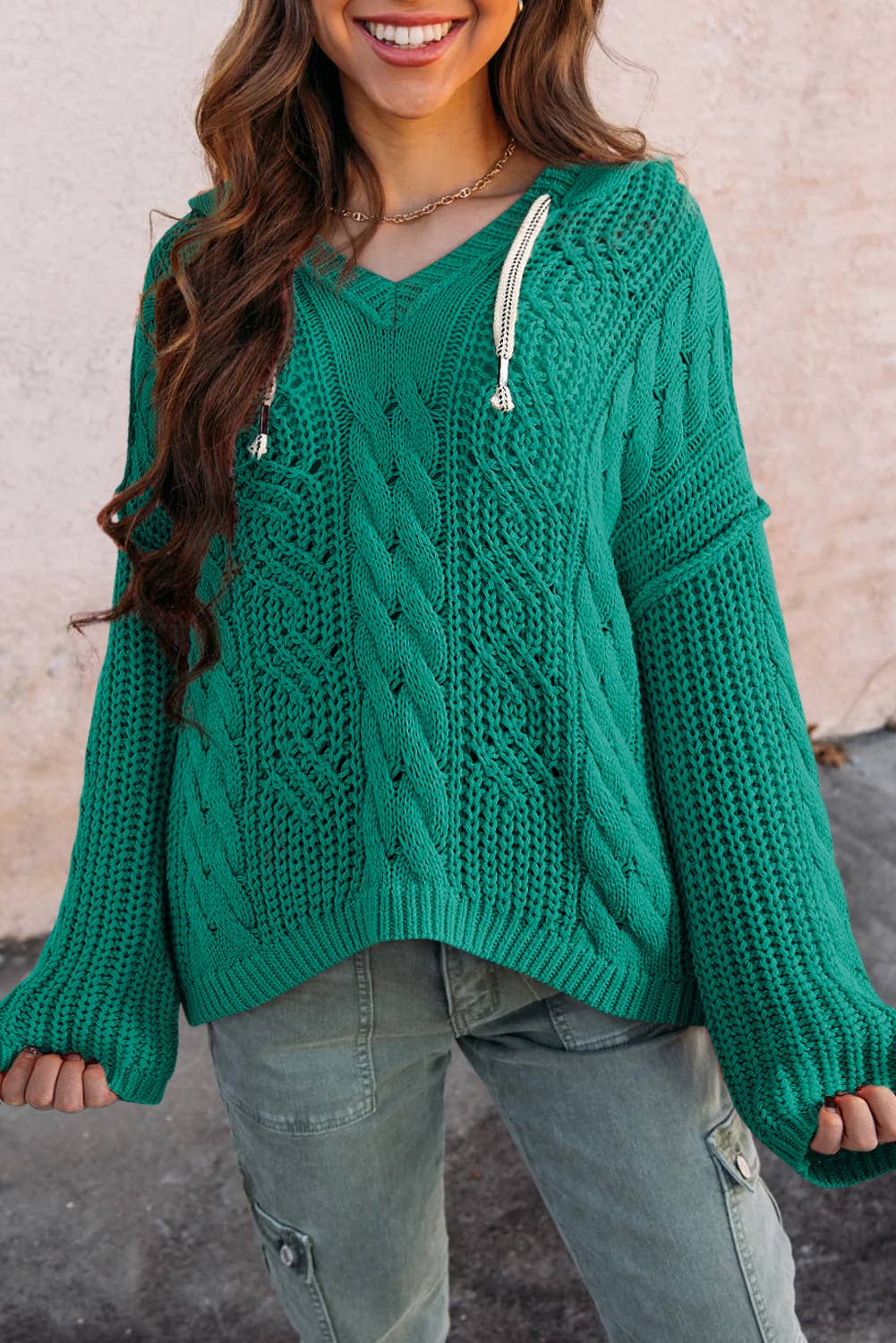 Cable Knit V Neck Hooded Pullover Sweater for Women