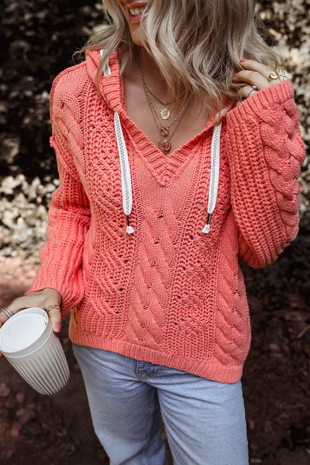 Cable Knit V Neck Hooded Pullover Sweater for Women