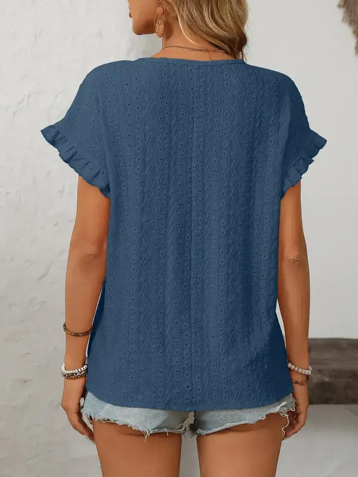 Hollow-Out Crewneck Short Sleeve Solid Color Top