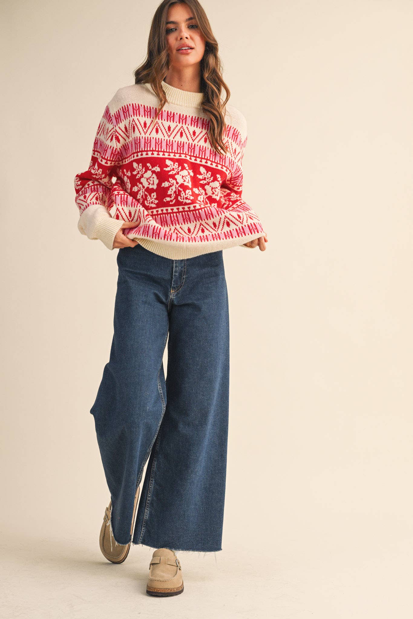 FLORAL KNIT ROUND NECK SWEATER MSW10960