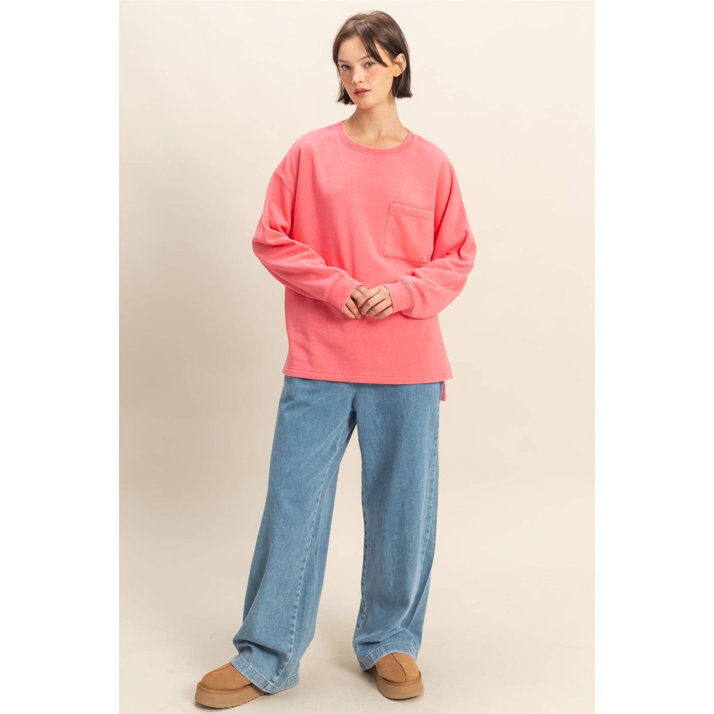 Basic Crew Neck Single Pocket Pullover Sweatshirt