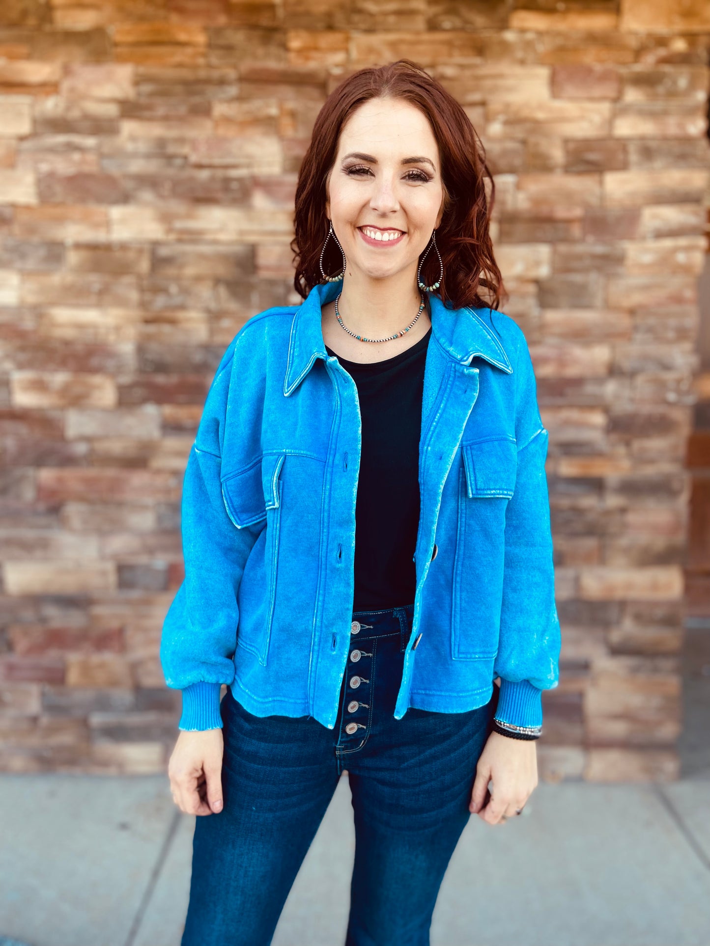 Acid Wash Fleece Front Pocket Cropped Shacket