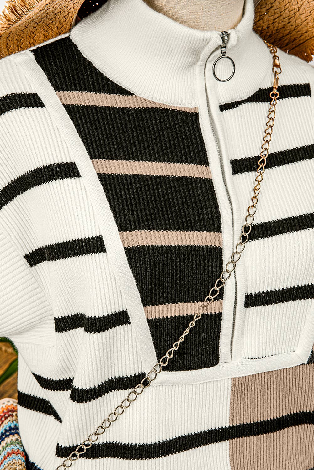 Fashion-W Stripe Colorblock Quarter Zip Collar Sweater Vest