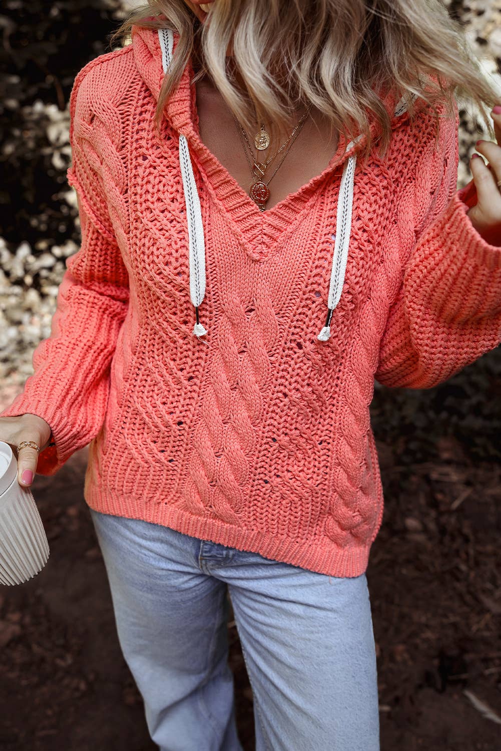 Cable Knit V Neck Hooded Pullover Sweater for Women