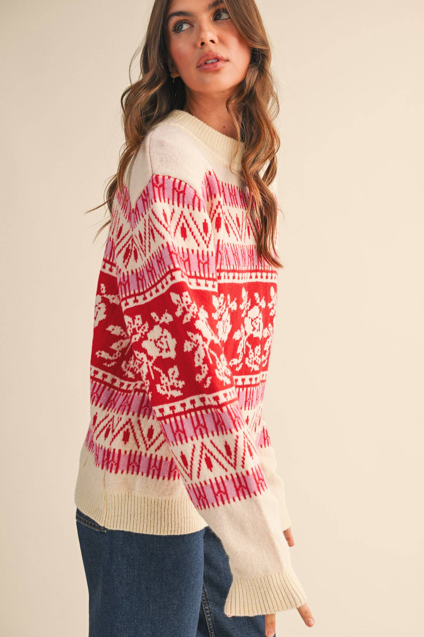 FLORAL KNIT ROUND NECK SWEATER MSW10960