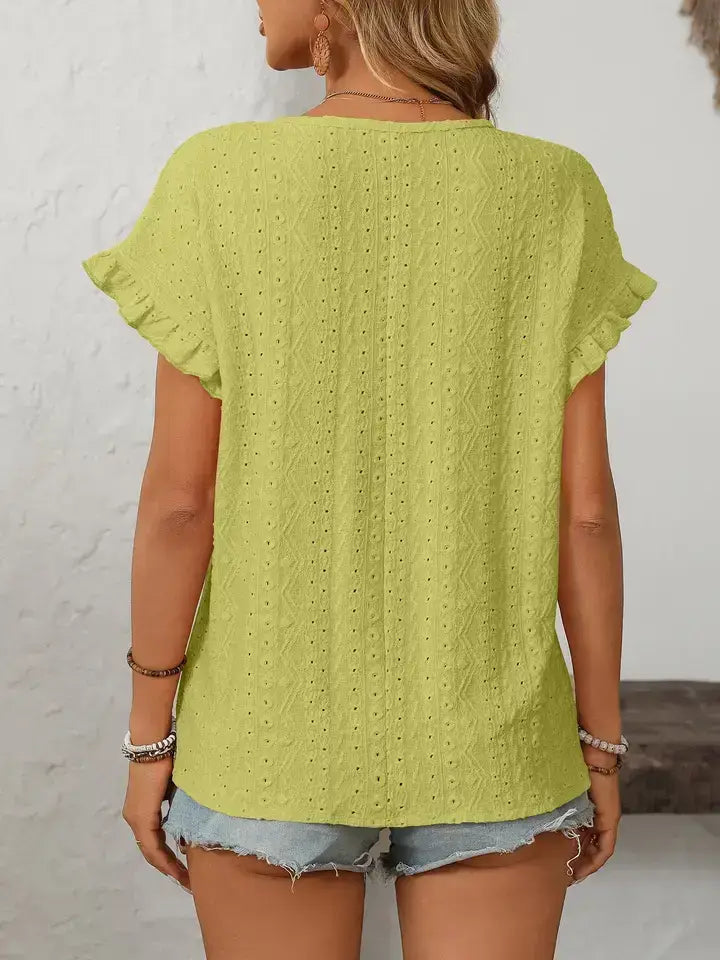 Hollow-Out Crewneck Short Sleeve Solid Color Top