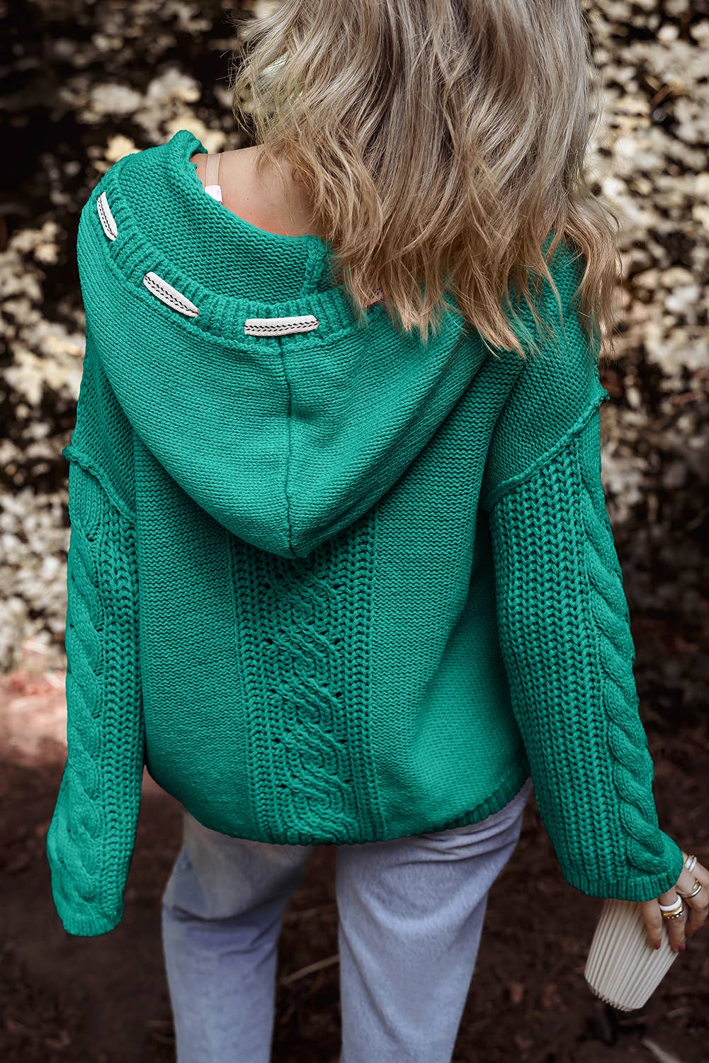 Cable Knit V Neck Hooded Pullover Sweater for Women