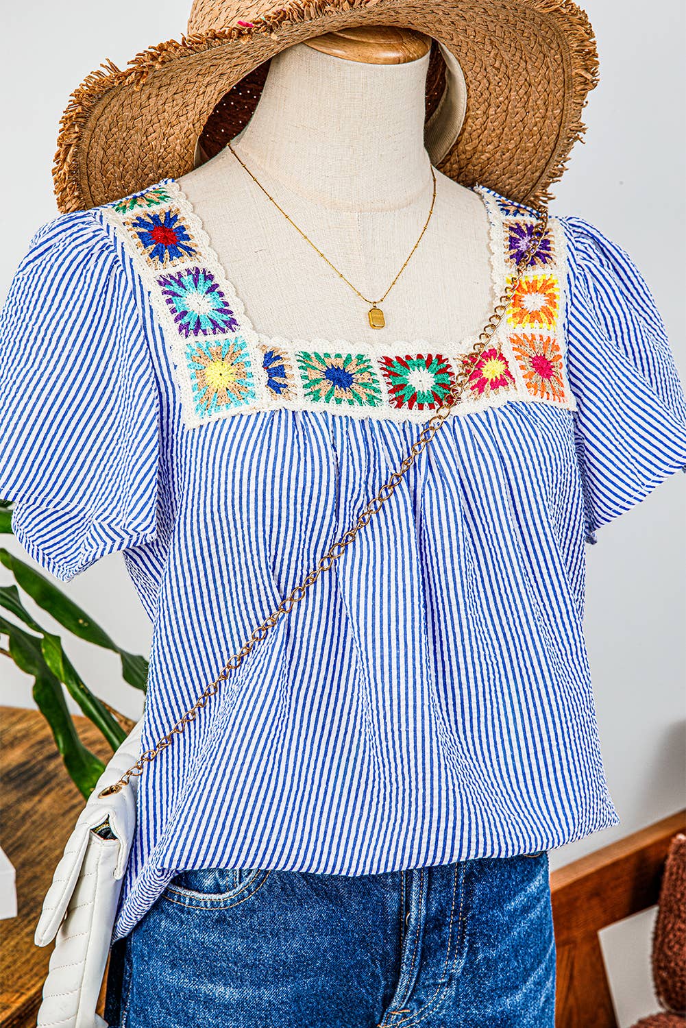 Stripe Texture Ruffle Short Sleeve Boho Detail Blouse