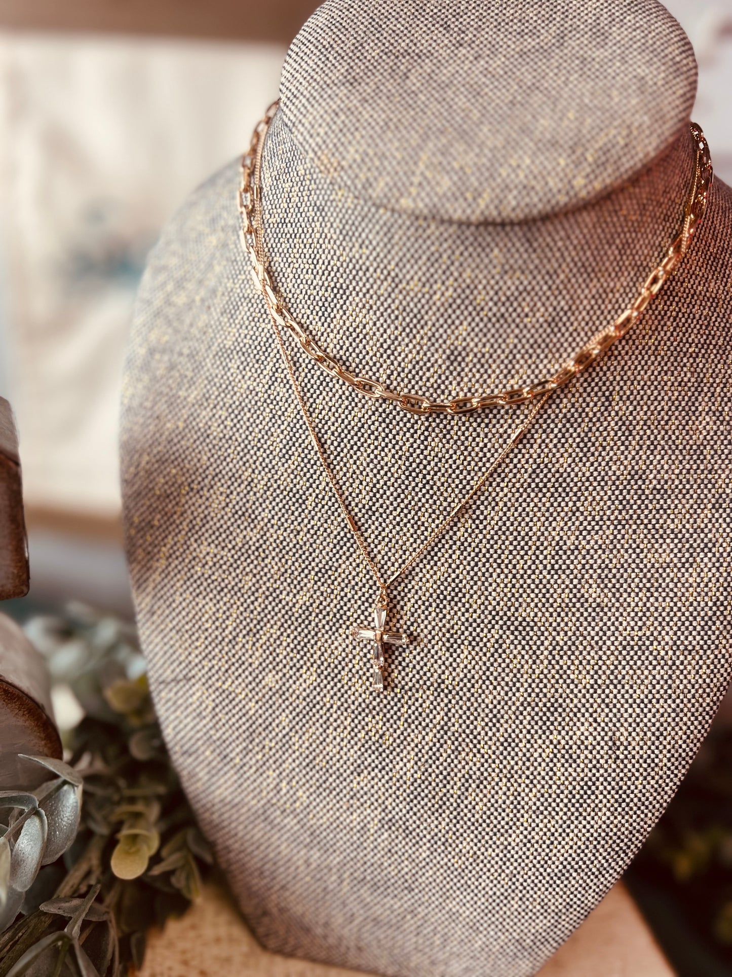 Layered Gold Chain With Rhinestone Cross