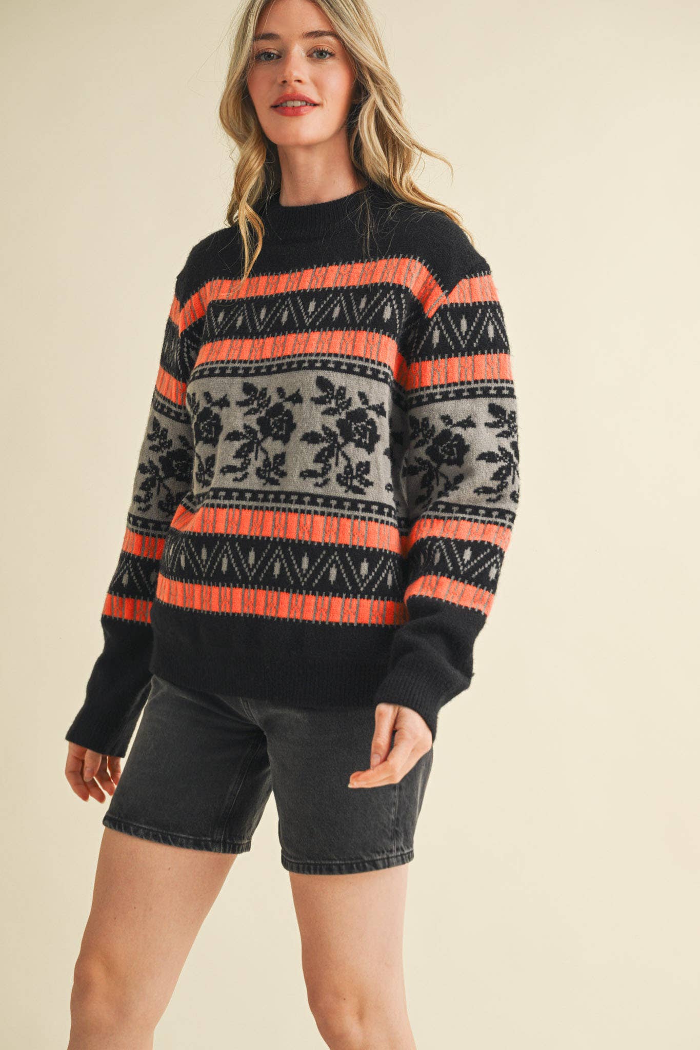 FLORAL KNIT ROUND NECK SWEATER MSW10960