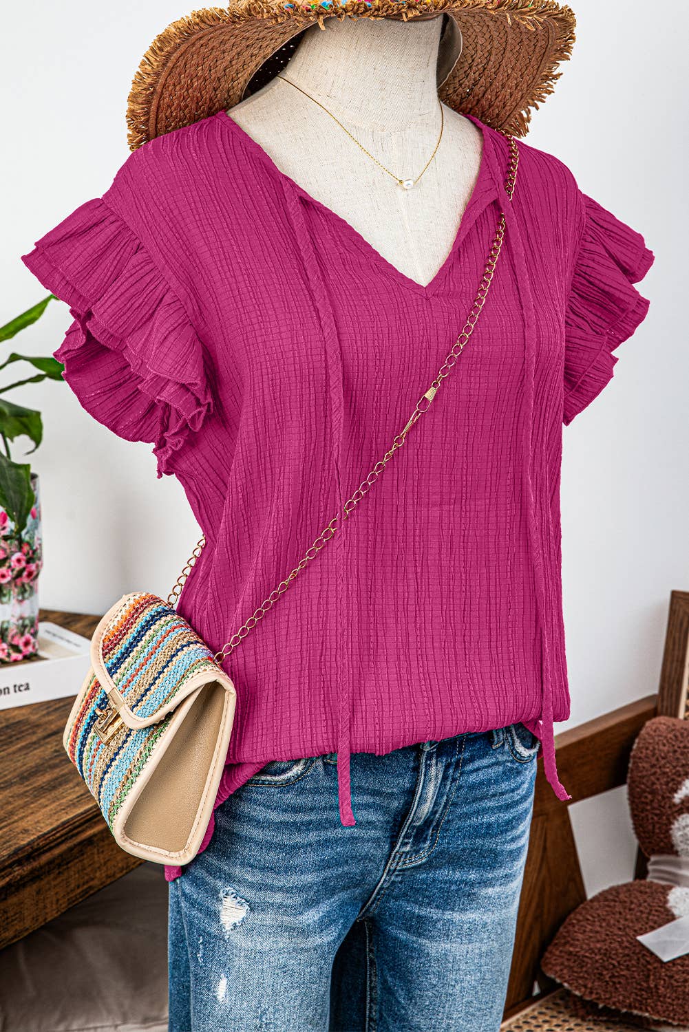 Fashion-W Textured Ruffled Sleeve V Neck Top