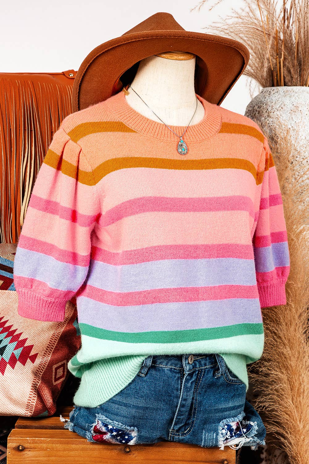 Fall Clothing Colorful Stripe Bubble Short Sleeve Sweater