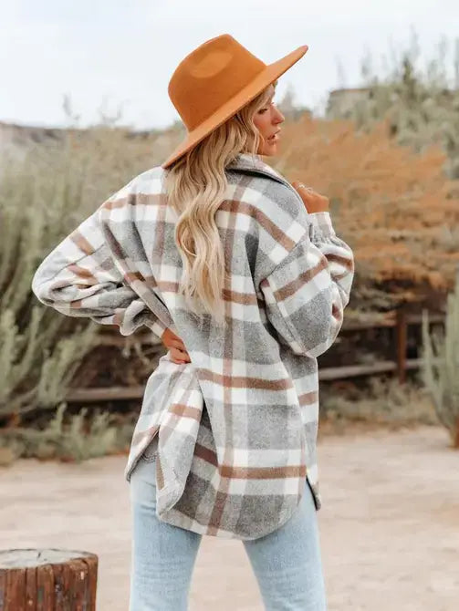 Navy Blue Plaid Button Flannel Shirt Jacket