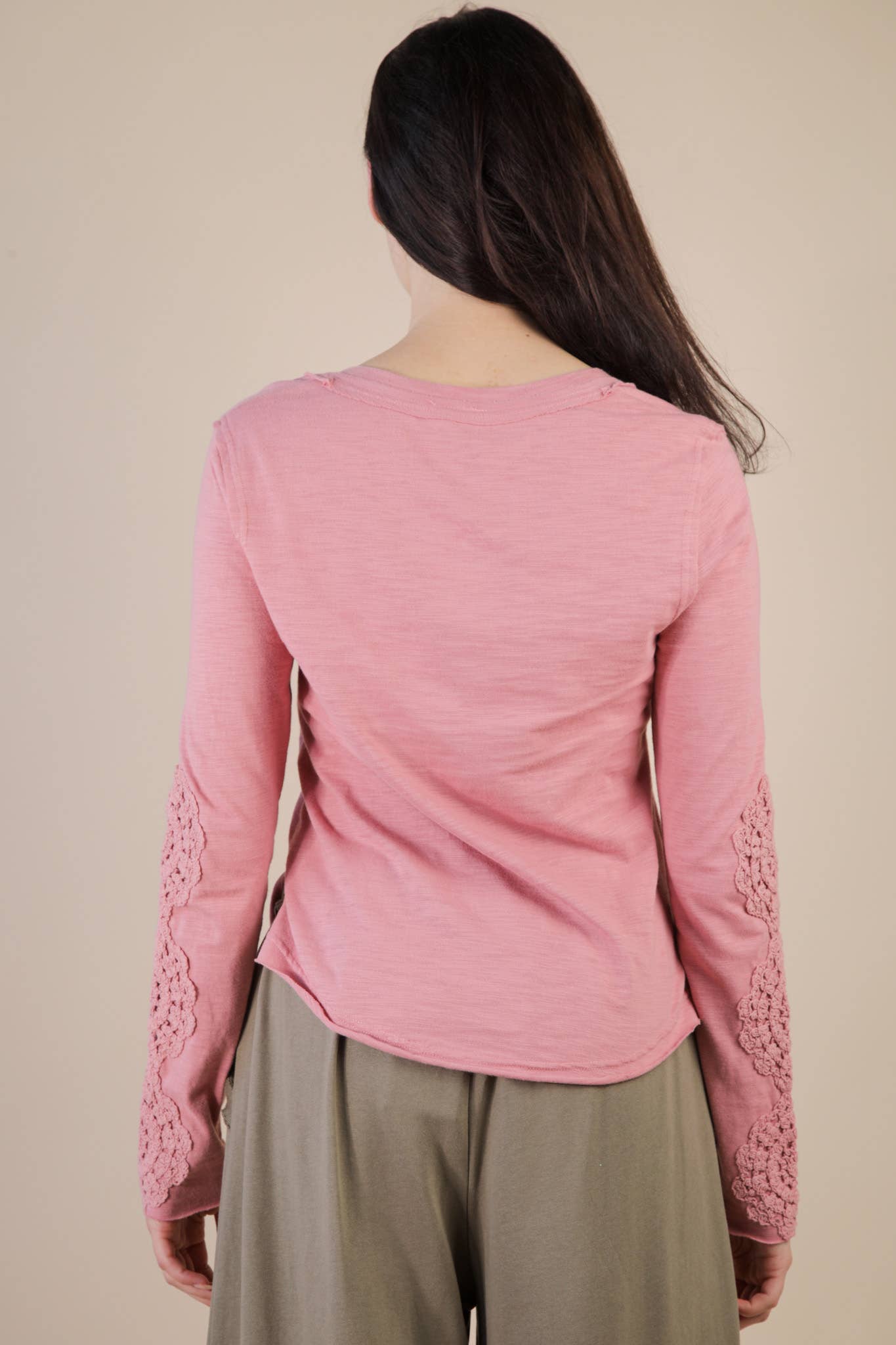 Sleeve Lace Trim Solid Knit Top