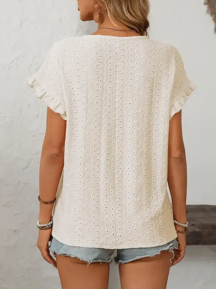 Hollow-Out Crewneck Short Sleeve Solid Color Top
