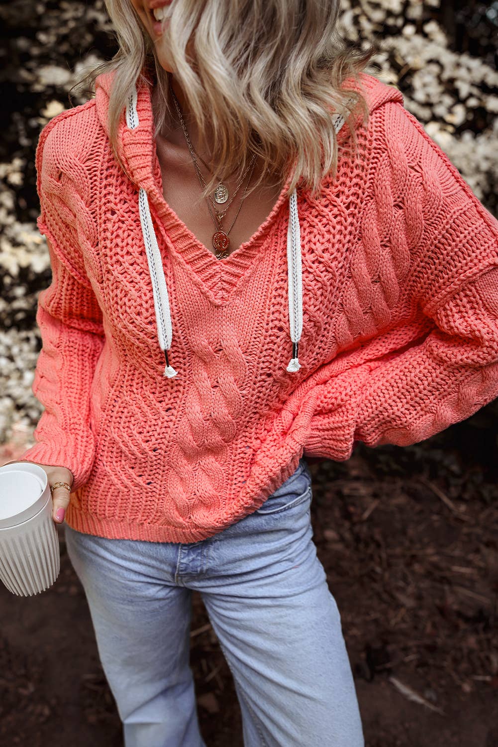 Cable Knit V Neck Hooded Pullover Sweater for Women