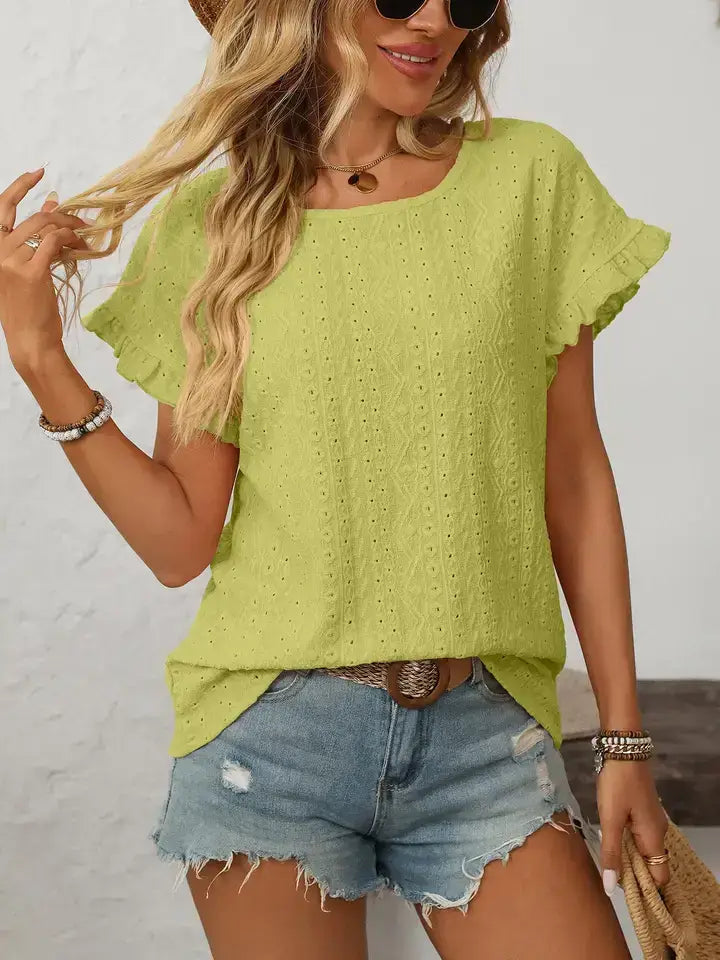 Hollow-Out Crewneck Short Sleeve Solid Color Top