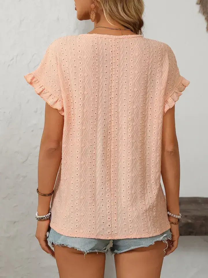 Hollow-Out Crewneck Short Sleeve Solid Color Top