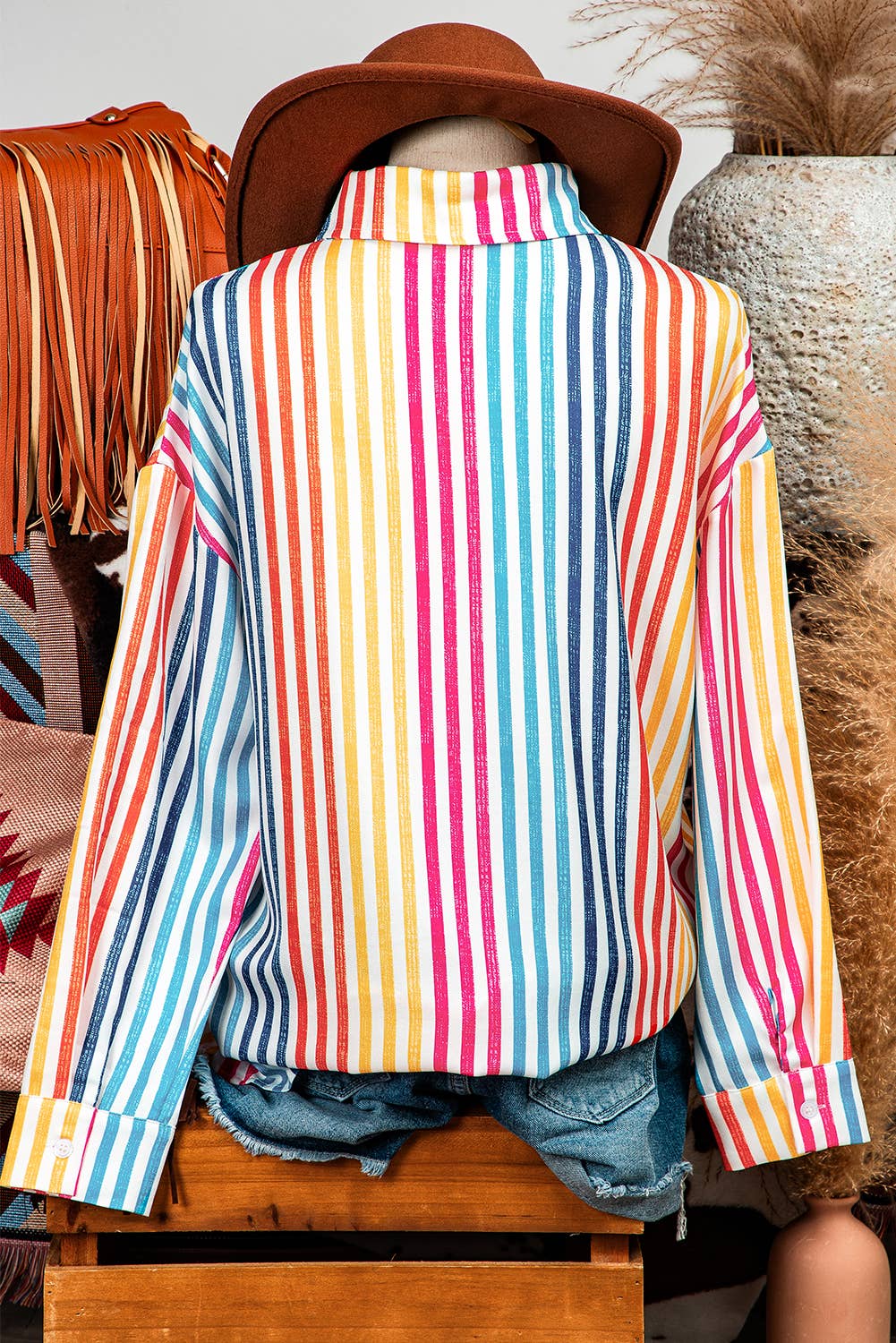 Fashion-W Stripe Multicolor Drop Shoulder Loose Shirt