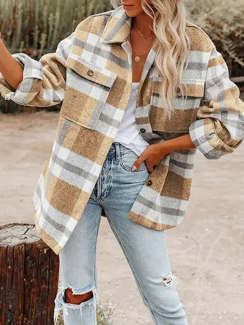 Navy Blue Plaid Button Flannel Shirt Jacket