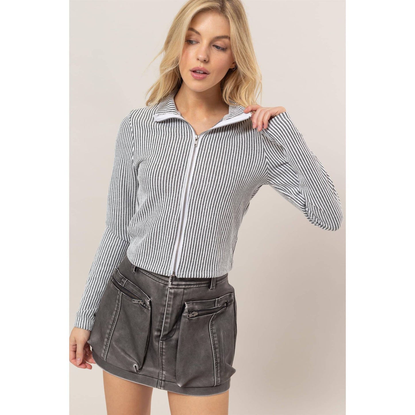 Striped Zip-Up Knit Top