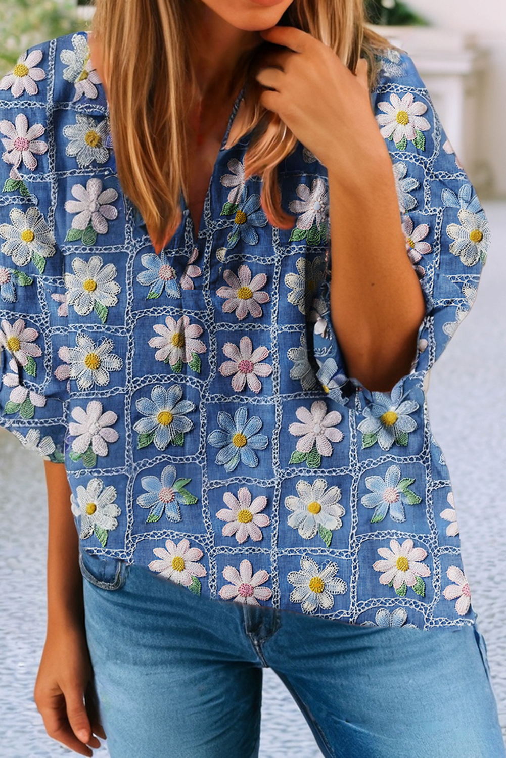 Floral Collared V Neck Roll up Sleeve Shift Blouse