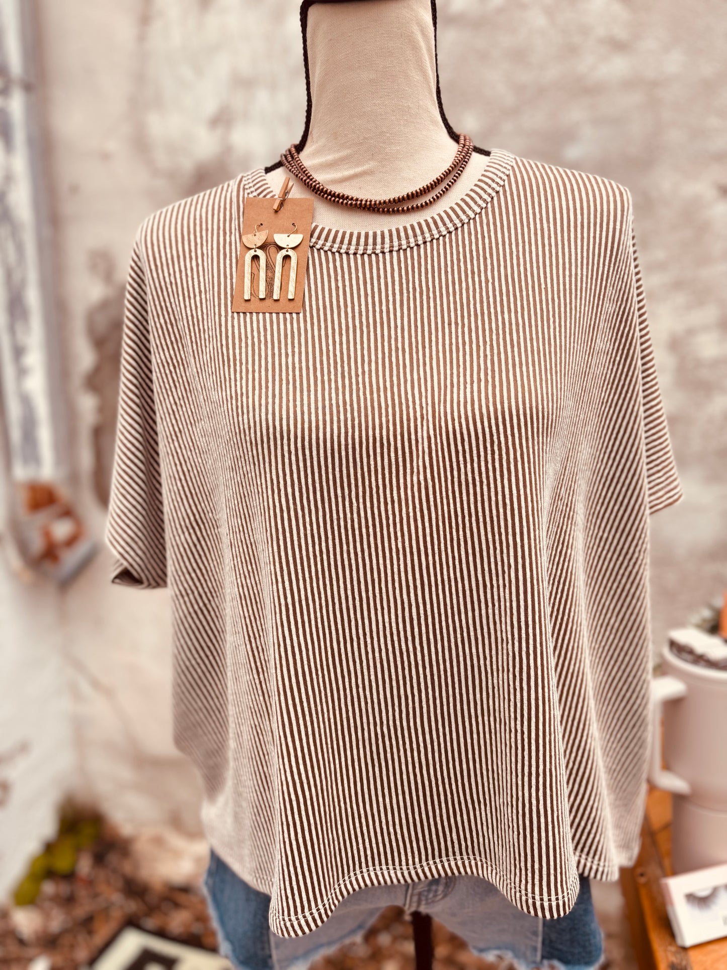 Ribbed Striped Oversized Short Sleeve Top