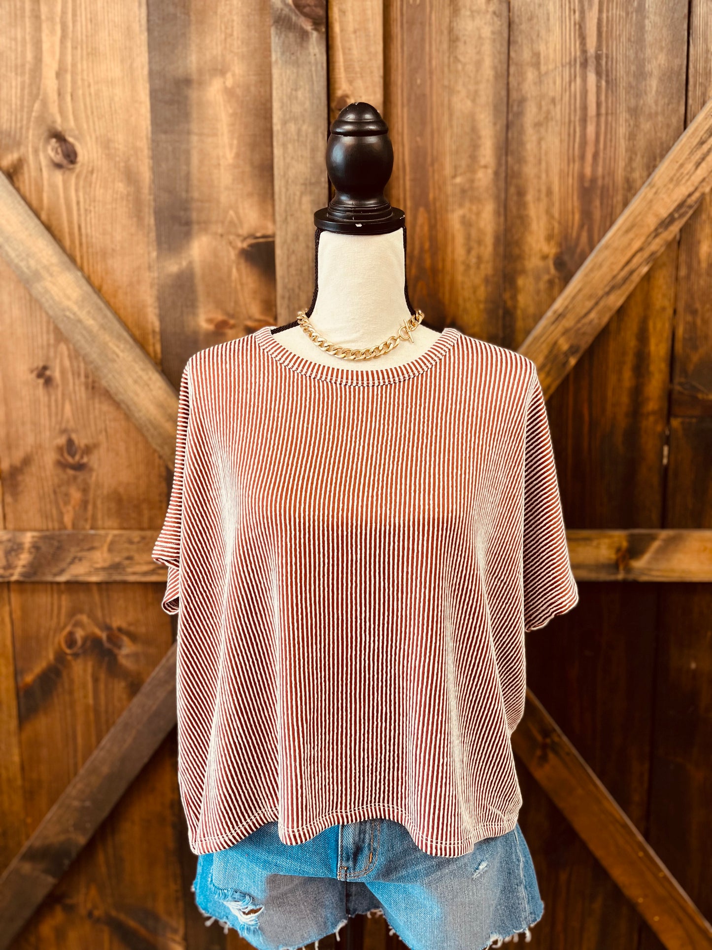 Ribbed Striped Oversized Short Sleeve Top
