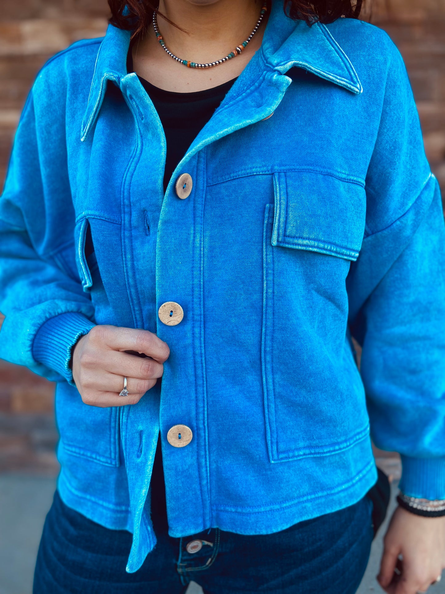 Acid Wash Fleece Front Pocket Cropped Shacket